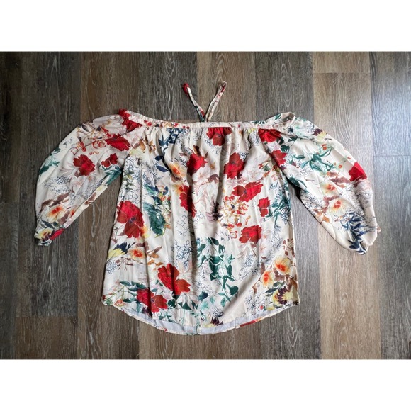 Hayden Los Angeles Tops - Hayden Los Angeles Blouse Womens Medium Cream Floral‎ Off Shoulder Halter Tie